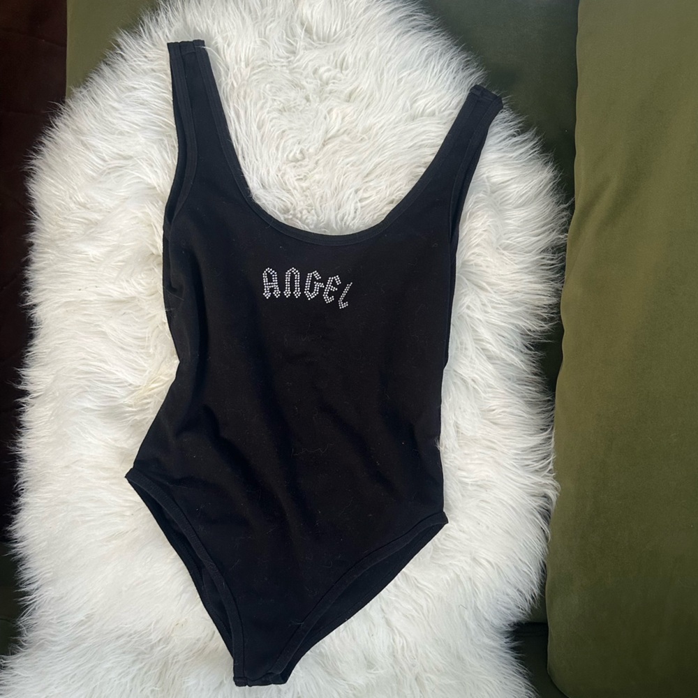 Angel Black Bodysuit with Angel Rhinestone Detail